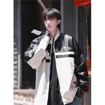 皮衣外套男春秋季潮牌痞帥寬松休閑撞色高級感美式pu皮機車服夾克