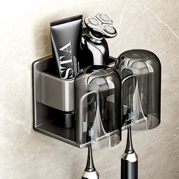 太空鋁牙刷置物架組 兩人款 附贈漱口杯  灰色  1組