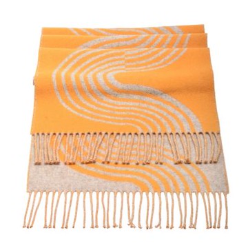 HERMES 波浪幾何圖形羊絨流蘇雙面圍巾(米色/黃金色)