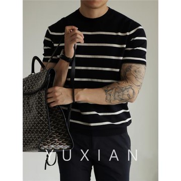 (免運)YUXIAN余閑進口14針條紋針織短袖T恤美式復古男士圓領純色春夏季