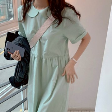 MOCO韓版chic甜美清新薄荷色簡約寬鬆娃娃領拼接高腰連身裙洋裝