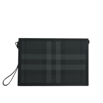 BURBERRY 格紋塗層帆布附可拆提把手拿包(炭灰色)