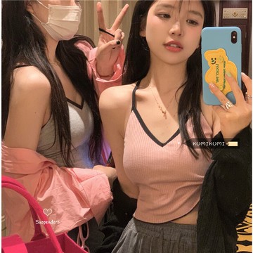 撞色針織吊帶 無袖背心 女夏季甜辣風V領修身短款內搭外穿上衣【不二雜貨】