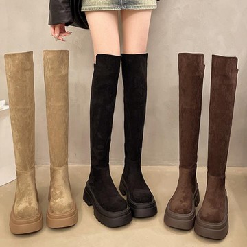 厚底馬靴．韓系修長麂皮過膝直筒高筒長靴．白鳥麗子