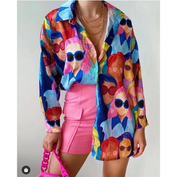 跨境歐洲站春秋新款人物印花POLO領單排扣多穿法中長款長袖襯衣女