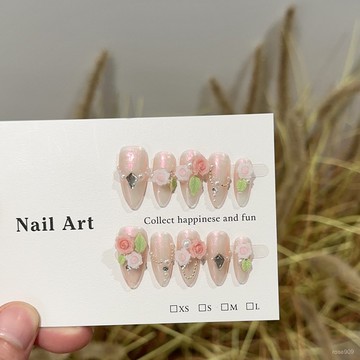 ➕最新設計款穿戴甲💅純手工穿戴甲片春夏季熒光粉色美甲顯白山茶花朵杏仁甲甜美甲指甲杏仁甲穿戴甲 C7KH