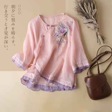 民族風盤扣刺繡七分袖漢服苧麻T恤斜襟小衫女春夏寬松粉色上衣秋