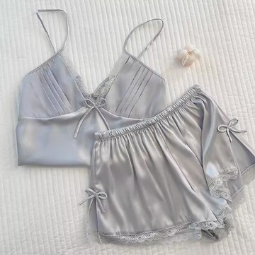 睡衣 小吊帶睡衣 女款睡衣套裝 夏季冰絲睡衣 銀色深v領睡衣兩件套 性感開叉居家服 大碼睡衣 女生睡衣【不二雜貨】