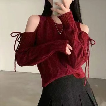 韓國chic冬季復古洋氣圓領鏤空露肩綁帶設計寬鬆百搭長袖針織毛衣