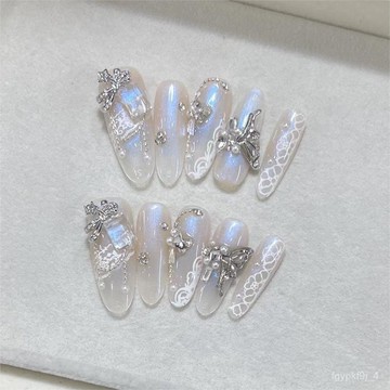 🎀可可精選🎀淺來美甲新款【原創】重工輕奢月光細閃透鑽蕾絲純手工穿戴甲手工穿戴甲日常穿戴甲百搭美甲貼片 IADA