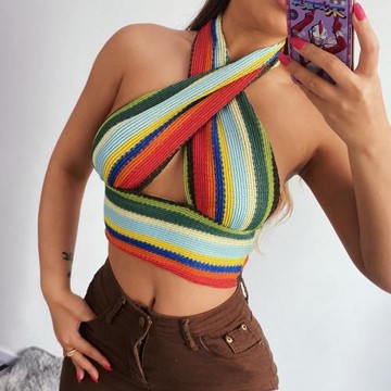 Vest Color Halter Sexy Slim Knit Cross Top彩色交叉掛脖背心