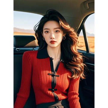 正品哥家新款2025女春裝新中式盤扣國風紅色針織衫羊毛內搭毛衣