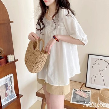【ACheter】娃娃衫上衣韓版A字圓領泡泡袖風琴褶短袖襯衫中長版# 122454(現貨+預購)