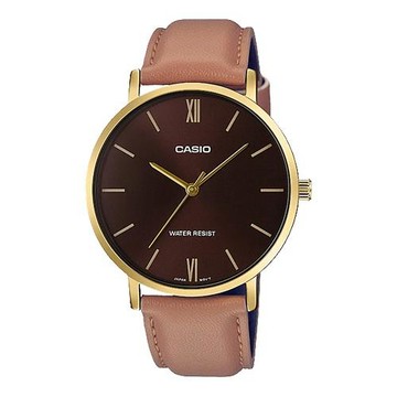【CASIO 卡西歐】指針男錶 皮革錶帶 咖啡色錶面 日常生活防水MTP-VT01GL(MTP-VT01GL-5B)