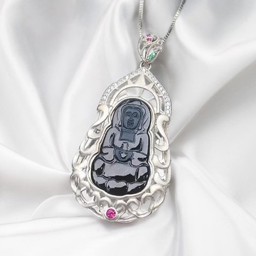 墨翠翡翠觀音菩薩項鍊 925純銀 | 天然緬甸玉翡翠A貨 | 送禮