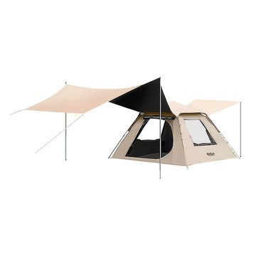遠方人 全自動帶天幕速開黑膠帳篷 附防潮墊 帳篷展開200 x 200 x 140cm  卡其色  3-4人