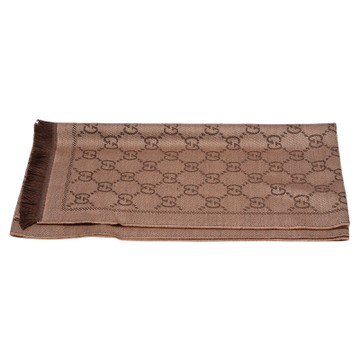 GUCCI 古馳 經典GG緹花圖樣雙色羊毛圍巾(褐)
