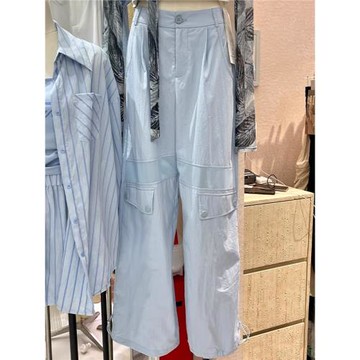 十三行新款設計感小眾藍色高腰束腳工裝褲子休閑褲女夏季闊腿長褲