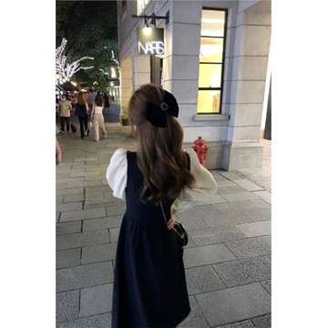 立領泡泡袖連衣裙2025秋冬新款黑白拼接假兩件小香風顯瘦中長裙子