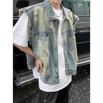 復古水洗磨破貓續牛仔馬甲無袖男春夏季潮流帥氣坎肩情侶工裝外套
