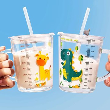 網紅帶刻度吸管玻璃杯大人奶茶兒童牛奶果汁水杯可愛卡通玻璃杯子