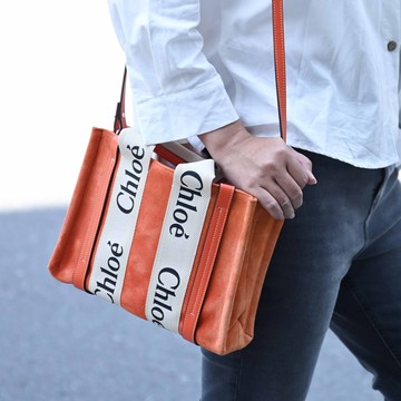 CHLOE Woody 經典織帶麂皮拼接兩用手提斜背包.橘 小