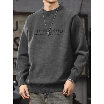 加厚圓領毛衣男青少年潮牌字母印花大碼針織衫美式慵懶套頭上衣服