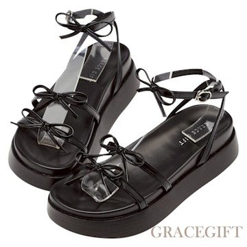 【Grace Gift】輕甜氣質蝴蝶結繞踝奶油厚底涼鞋 黑