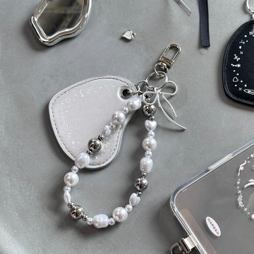 銀色皮革鏡子配蝴蝶結串珠鏈 (附送手機夾片)