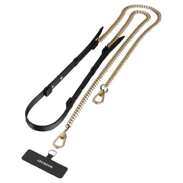 MAGEASY 皮革金屬鍊掛繩 + 掛繩片組  皮革黑 + 金色  1組