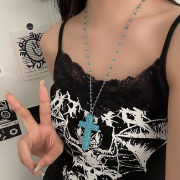 【台灣公司 可打統編】免運 辣妹藍色多巴胺鋯石十字架吊墜項鏈女個性朋克風設計感鎖骨鏈飾品 可開發票 全館五折 工廠現貨直銷 新品特價 z9211