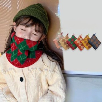兒童英倫菱格方格柔軟針織圍脖 小童 女童 男童 童裝 圍巾 大紅 過年 新年 聖誕節 交換禮物 保暖 寒流 橘魔法 現貨【BB9245】