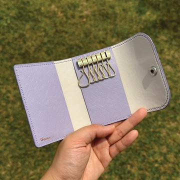 粉紫色十字紋牛皮 真皮鎖匙包 6鉤鎖匙圈 2卡位鑰匙套 可印壓名