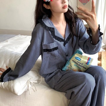 春秋季新款格紋長袖睡衣 韓版睡衣 甜美少女蕾絲邊開叉長褲 休閒外穿家居服套裝 兩件式睡衣 寬鬆舒適居家服