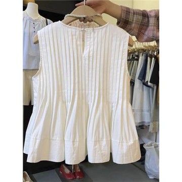 2024夏季新款設計感小眾甜美純色褶皺無袖娃娃襯衫背心上衣女士