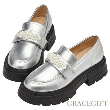 【Grace Gift】奕潔聯名-公主珍藏2WAY珍珠厚底樂福鞋 銀