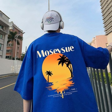 100%純綿重磅t恤潮牌美式復古半袖體恤男夏季日落印花情侶五分袖