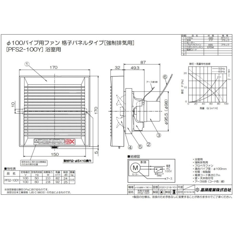 高須 換気扇 風呂用 パイプファン 100φ PFS2-100Y 浴室換気扇 お風呂用