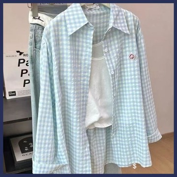 WYZ格子藍色襯衫長袖新款刺繡襯衣夏季薄款防曬外套寬鬆拼接休閒上衣