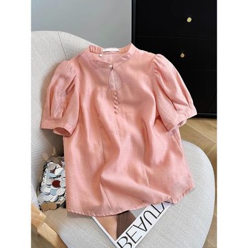 粉色溫柔風設計感鏤空盤扣短袖襯衫男女夏季時髦洋氣百搭減齡上衣