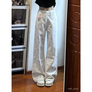 【限時特賣】牛仔褲女 牛仔長褲 高腰牛仔褲 牛仔寬褲 高腰褲 長褲女 白色碎花直筒牛仔褲女2024新款甜美高腰寬鬆垂感顯