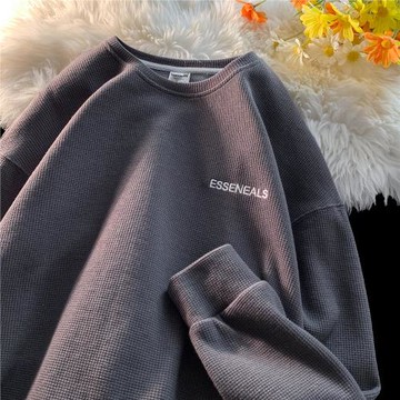 字母刺繡華夫格男t恤春秋潮牌寬松長袖打底衫美式復古重磅體恤衫