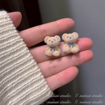 可愛植絨小熊耳釘~甜美少女卡通耳環氣質甜美ins軟妹耳飾潮耳夾女