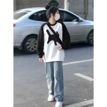 黑白撞色插肩袖圓領無帽衛衣女秋冬oversize寬松休閑長袖上衣外套