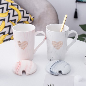 情侶創意辦公室簡約馬克杯 帶蓋卡通女士學生家用大理石紋陶瓷杯