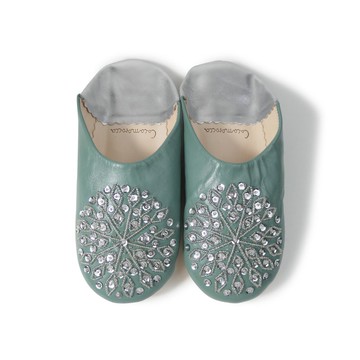 高品質 湖水綠&銀色 / 銀色 摩洛哥 無異味 皮革 Babouches 拖鞋