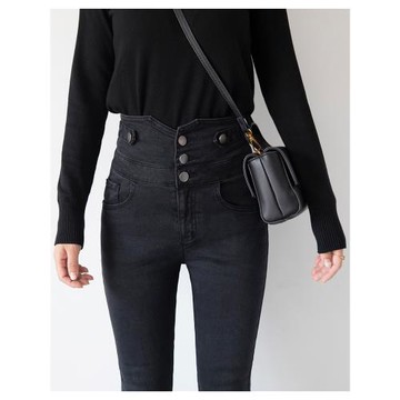 鄭菲菲自制高級感黑灰色超高腰九分毛邊顯瘦小腳牛仔褲女春季新款