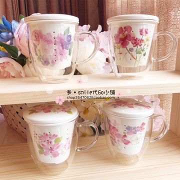 進口美濃燒和藍花語陶瓷茶漏花卉帶蓋耐熱玻璃馬克杯杯子