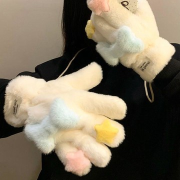 秋冬首選🔶卡通星星小骨頭五指手套女冬季可愛毛絨加厚保暖掛脖騎行防風毛毛 加絨加厚手套女 學生騎行防寒開電動車冬季觸屏保