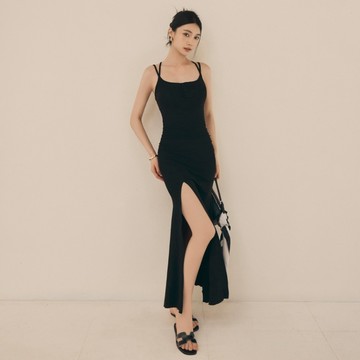 停留在蔚藍海岸的假期；細肩交叉排釦開岔Bra Dress 兩色 #260805A2034  黑/深灰